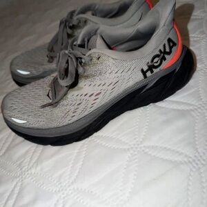 Hoka Gray Running Shoes with Black Sole and Coral Heel Trim